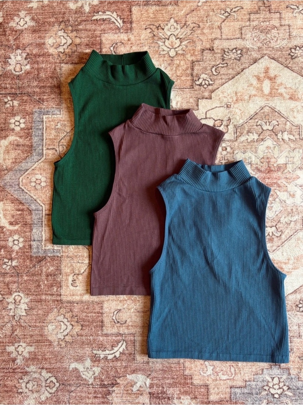 Zara Ribbed Mock Neck Tank Tops — Forest Green, Plum, Slate Blue